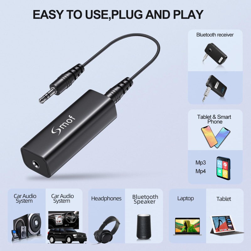 Smof Upgraded Ground Loop Noise Isolator, Noise Filter for Car Audio/Home Stereo System (Eliminate The Buzzing Noise Completely) with 3.5mm Audio Cable, Black - Image 3